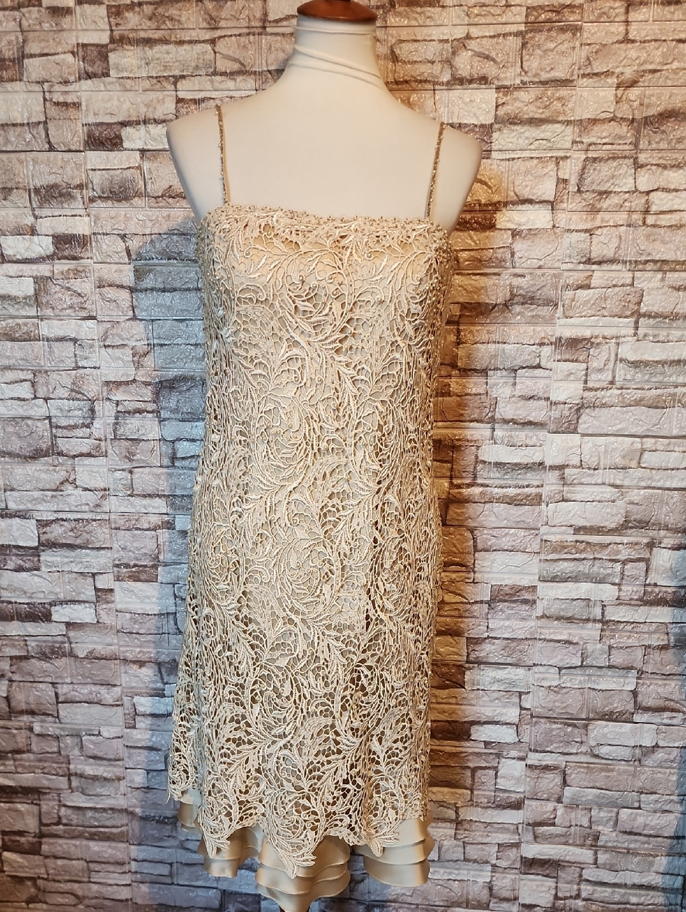 Montage By Mon Cheri Elegant Tan Lace Slip Dress with Spaghetti Straps